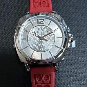 Coach Boyfriend Watch With 34mm Silver Face & Burgandy Coach Signiture S…